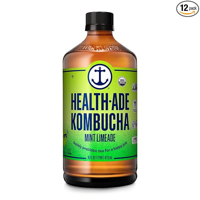 Health-Ade Kombucha Tea Organic Drink Fermented Tea with Living Probiotics Detoxifying Acids Supports Gut Health Non-GMO Vegan Gluten Free 12 Pack (16 Fl Oz Bottles) Mint Limeade