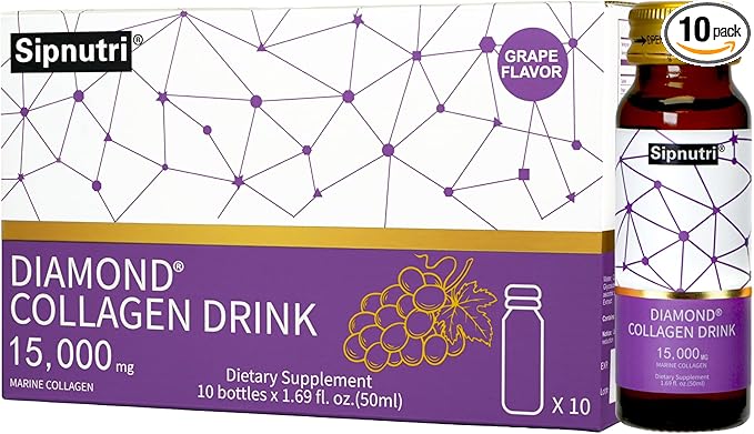 Diamond Collagen Drink -15000mg Marine Collagen Peptides Liquid Shots for Women &amp Men Hydrolyzed with Vitamin C &amp Pomegranate Grape Flavor Supports Skin Hair Nail Health -1.69 fl oz x10