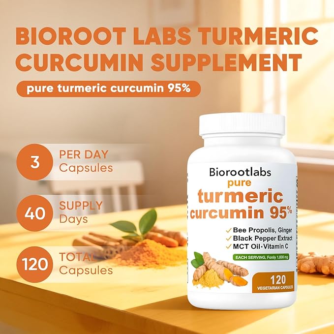 Biorootlabs Turmeric Curcumin Supplement 1000mg Biorootlabs Pure Turmeric Curcumin 95 6-in-1 Turmeric Curcumin Capsules with Bee Propolis Ginger Mct Oil Fat Soluble Vitamin C &amp Black Pepper (