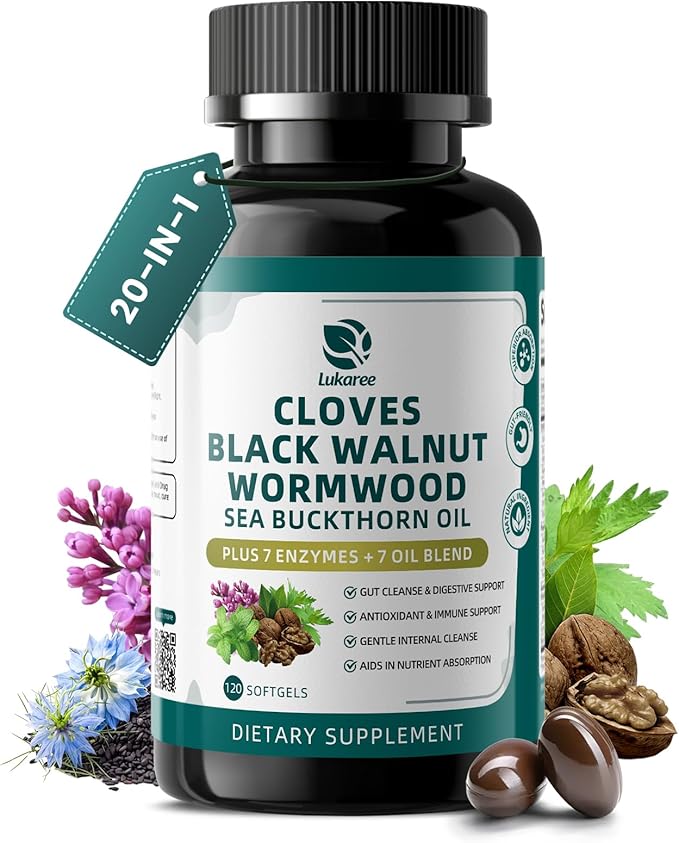 Lukaree Wormwood Black Walnut Clove Cleanse for Humans Softgels 20-in-1 Extra Strength | Gut Cleanse &amp Digestive Health w/ 7 Oils &amp 7 Enzymes | 10X Concentrated Men &amp Women Natural Herb