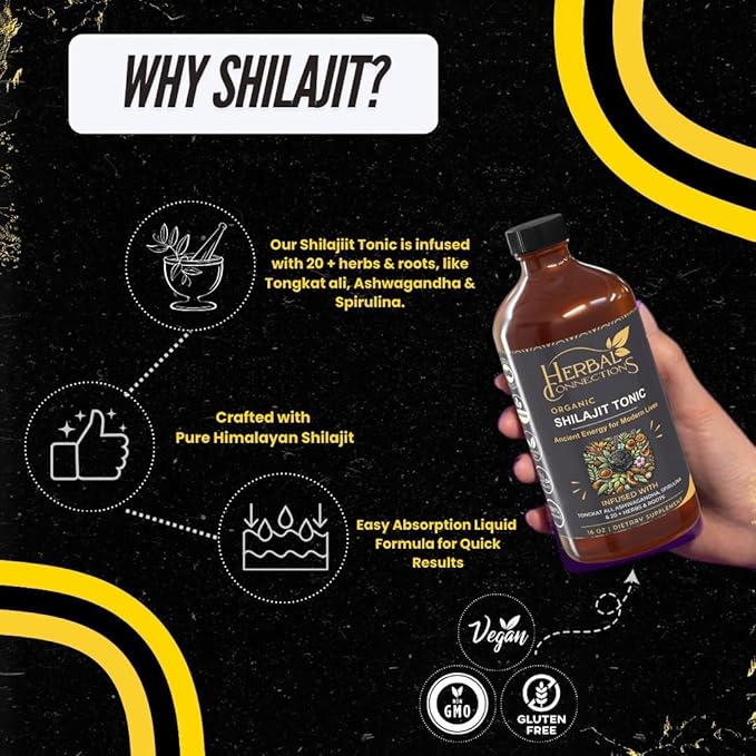 Organic Shilajit Tonic 16 oz | 32 Servings | 20-Herb Adaptogen Blend w/Ashwagandha Maca Spirulina &amp Turmeric | Liquid Energy Hormone Balance &amp Detox Support | Vegan Non-GMO
