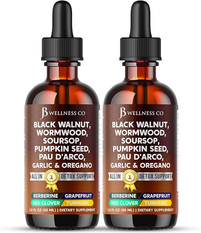 Wormwood Black Walnut Cleanse for Humans Drops Liquid Soursop Garlic Pumpkin Seed PAU D'Arco Oil of Oregano Turmeric Berberine Neem Extract Hull Bark Tincture - 4 oz