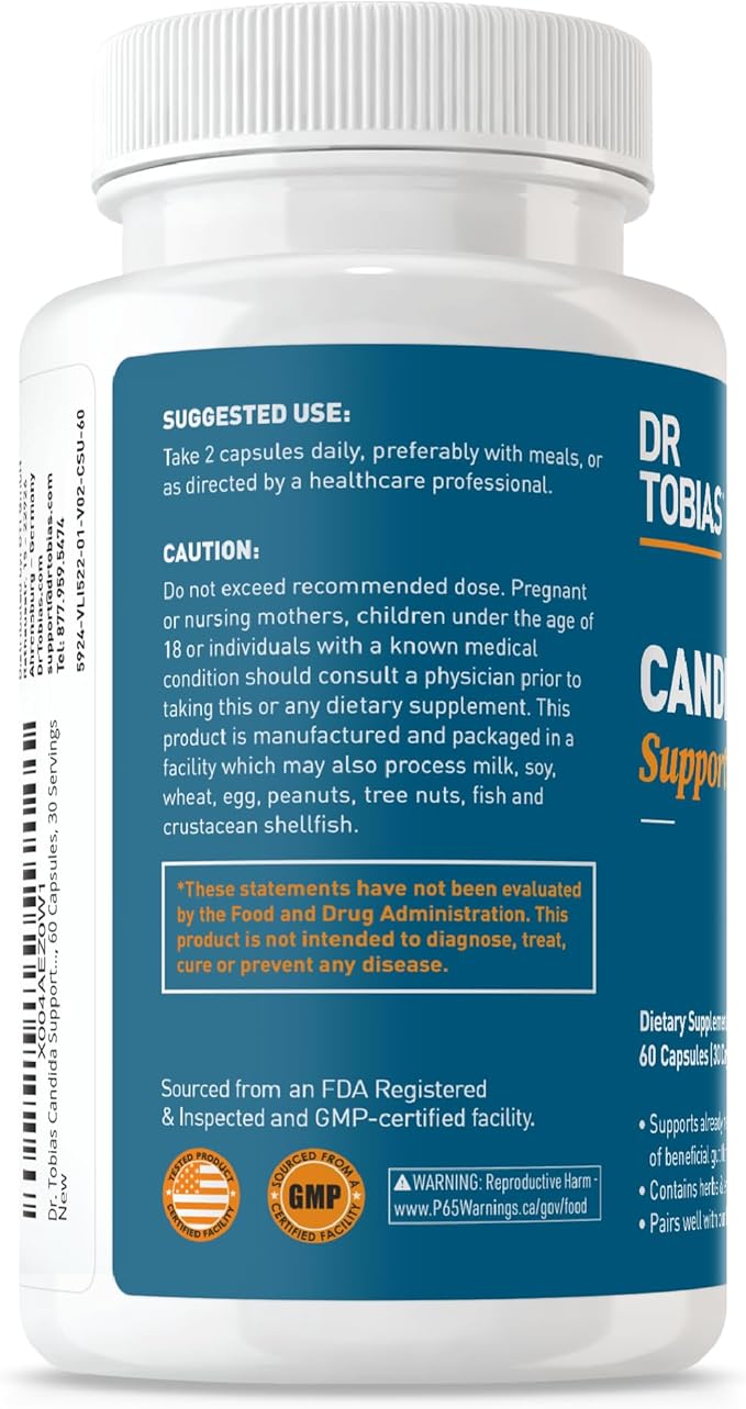 Dr. Tobias Candida Support Gut Flora Balance Complex with Oregano Caprylic Acid Enzymes &amp Probiotics Support Intestinal Detox Cleanse &amp Gut Health for Women &amp Men 60 Capsules 30 Serv
