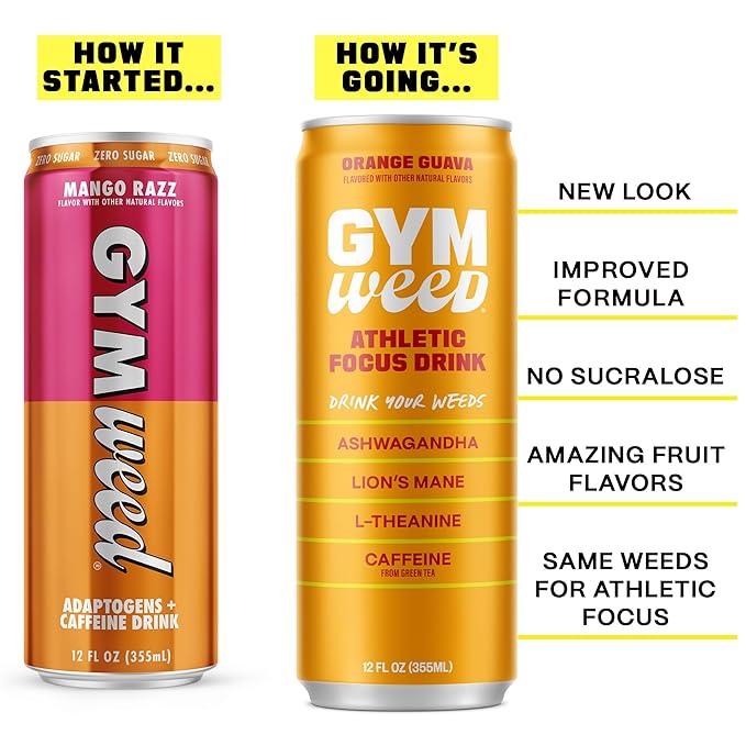 GYM WEED Athletic Focus Drink with KSM-66 Ashwagandha Lion's Mane Mushroom L-Theanine 200mg Green Tea Caffeine with Natural Sweeteners Orange Guava Flavor 12 Pack