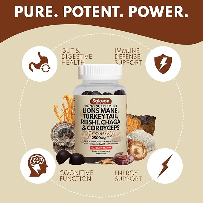 Sakoon nutrition Lions Mane Mushroom Gummies 2500mg | 10-in-1 Dietary Supplement with Turkey Tail Reishi &amp More | Lions Mane Gummies Raspberry Flavored | 60 Count