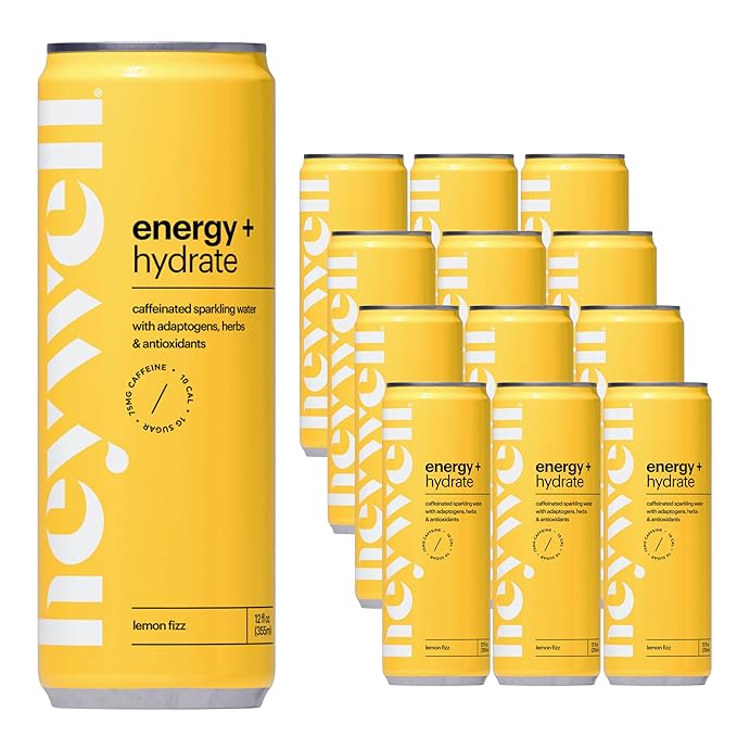 Heywell Sparkling Adaptogenic Water Energy and Focus Lemon Fizz Flavor 12 Fluid Ounce (Pack of 12) - Caffeinated Organic Non GMO Vegan Gluten Free Dairy Free
