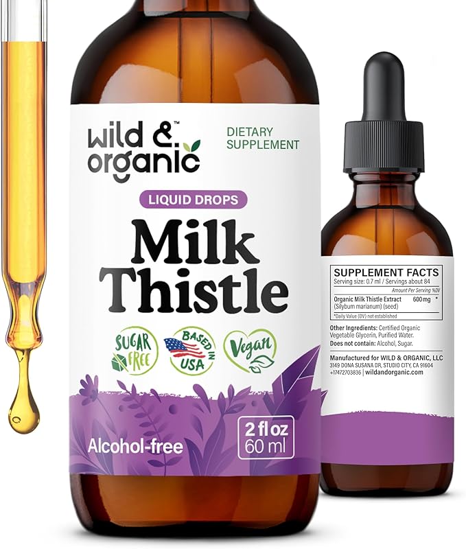 Wild &amp Organic Milk Thistle Extract Drops - Liver Cleanse Support - Milk Thistle Liver Detox Tincture - Liquid Silymarin Supplement - Silybum Marianum Seeds - Vegan Sugar &amp Alcohol-Free - 2 f
