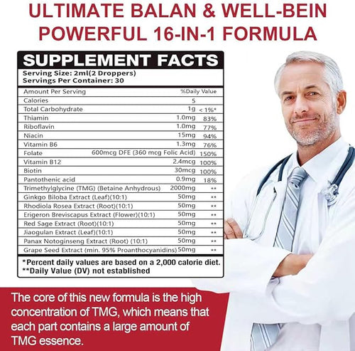 2 Packs 2000MG TMG Suupplements Liquid Drops - Trimethylglycine Ginkgo Biloba Rhodiola Rosea &amp Vitamins B High Absorption Brain Function - Strawberry Flavor 4 Fl.Oz
