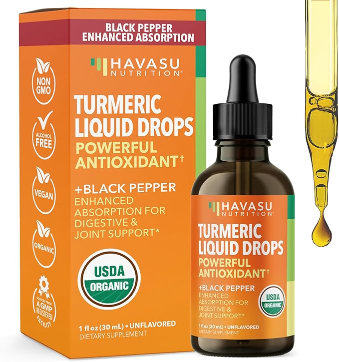 USDA Organic Turmeric Liquid Drops with Black Pepper - 1000mg Curcumin Supplement for Immune &amp Digestive Health - 30 Servings - Enhanced Absorption - Non-GMO Vegan Gluten Free - Unflavored 1 Fl