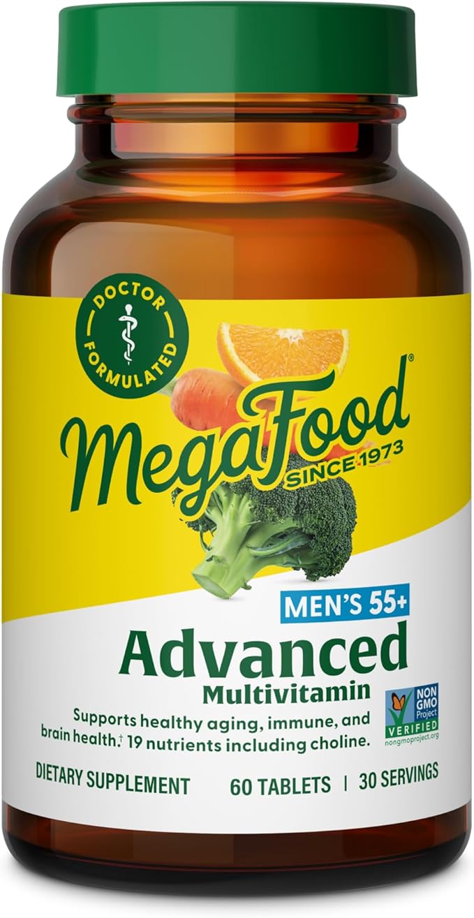 MegaFood Advanced Multivitamin for Men 55+ Mens Multivitamins 50 Plus Methylated B12 Methyl folate Choline Vitamin D Brain &amp Muscle Health Immune Support Vegetarian - 60 Tablets (30 Servin