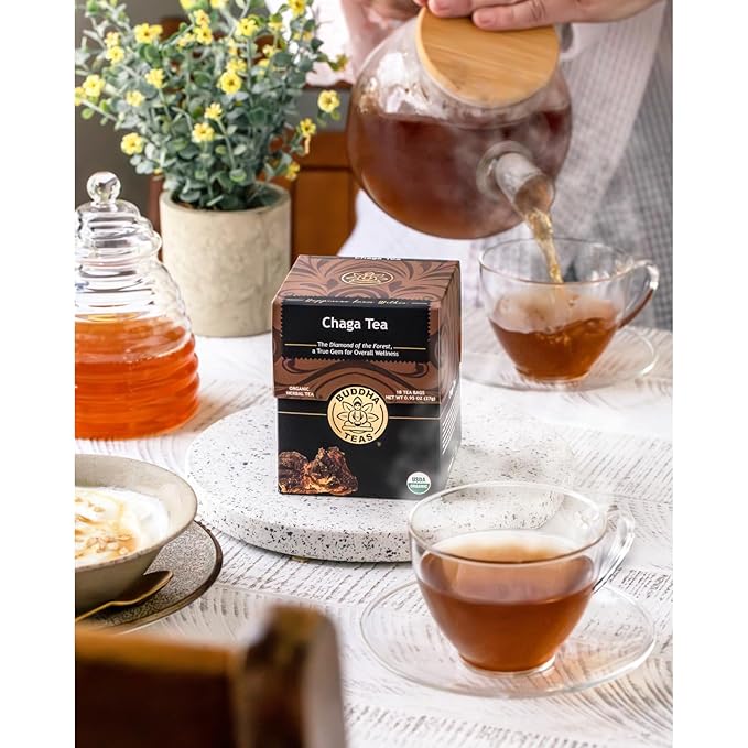 Buddha Teas - Chaga Tea - Organic Herbal Tea - For Cognitive Balance &amp Overall Health - With Chaga Mushroom Antioxidants &amp B Vitamins - Caffeine Free - 100% Kosher &amp Non-GMO - 18 Tea Bags