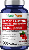 NusaPure Berberine HCI 20:1 Extract 225 mg Equivalent to 4500mg - 200 Veggie Caps - (Vegetarian Non-GMO Vegan)