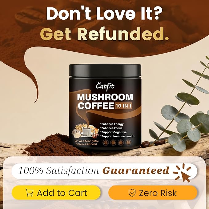 Catfit Instant Mushroom Coffee Powder 10-in-1 Adaptogen Blend with Lion's Mane Chaga &amp Cordyceps for Energy Focus Gut Health &amp Immune Support - 320g 100 Servings