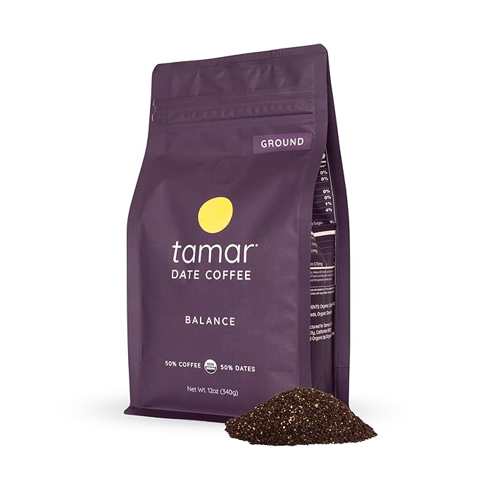 Balance by Tamar Date Coffee | Organic Ground Blend of Coffee &amp Whole Dates | Low Acid | Less Caffeine | Healthy Sweetness | Boost of Energy | Medium Roast | 12oz bag