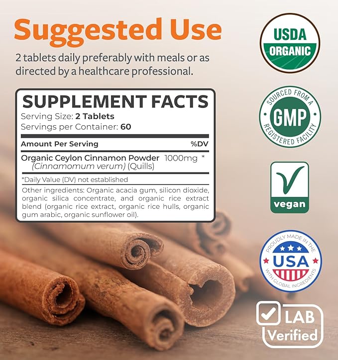 USDA Organic Ceylon Cinnamon Pills - High Potency Ceylon Cinnamon Supplement with 1000mg per Serving for Full Body Antioxidant Support - Vegan Non-GMO cGMP Made &amp Lab Verified (2 Months Supply)