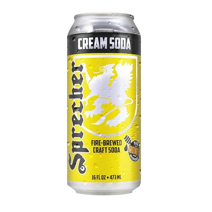 Sprecher Cream Soda in 16 fl oz Cans (12 Pack) Fire-Brewed with Real Honey Rich Vanilla Honey Flavor Handcrafted Caffeine-Free Gourmet Beverage