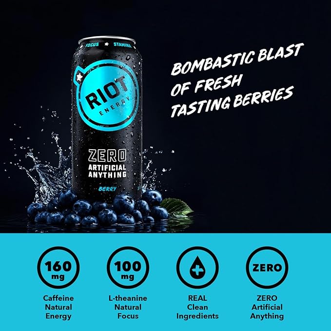 RIOT Clean Energy Drink – Berry | No Sucralose No Sugar Added No Artificial Flavors | 160mg Natural Caffeine + 100mg L-Theanine | Clean Focus Stamina &amp Smooth Energy | 16 Fl Oz (Pack of 12)