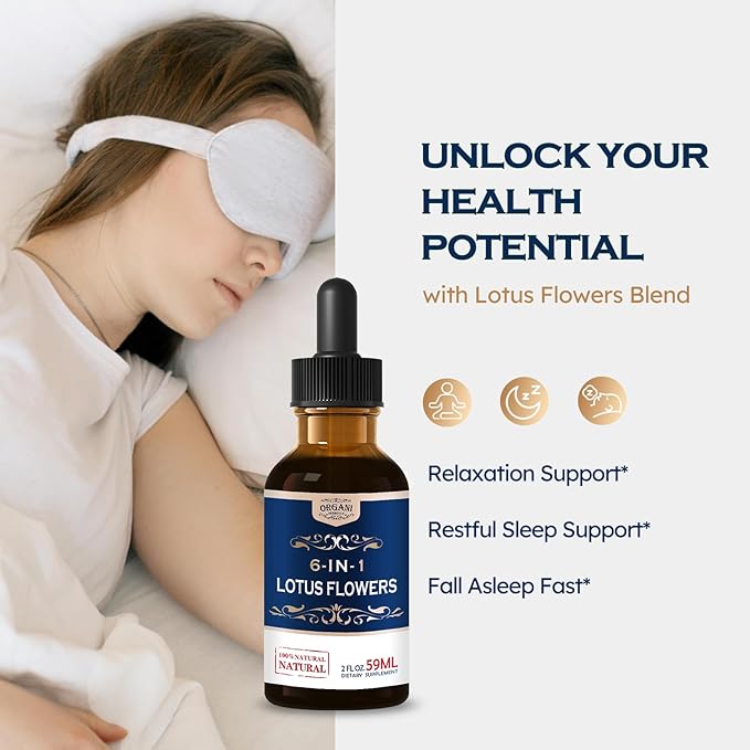 Lotus Flowers Extract Drops for Relaxation Restful Sleep Support 6-in-1 Herbal Supplement with Valerian Passion Flower and More. High Concentration &amp Fast Absorption Liquid Form. 2oz