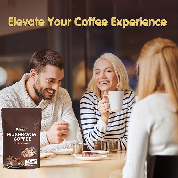 Mushroom Coffee 6 Adaptogenic Mushrooms (Lion's Mane Cordyceps Turkey Tail &amp Other) Mixed with Premium Instant Coffee for Focus Energy Immune and Gut Health Support 50 Servings