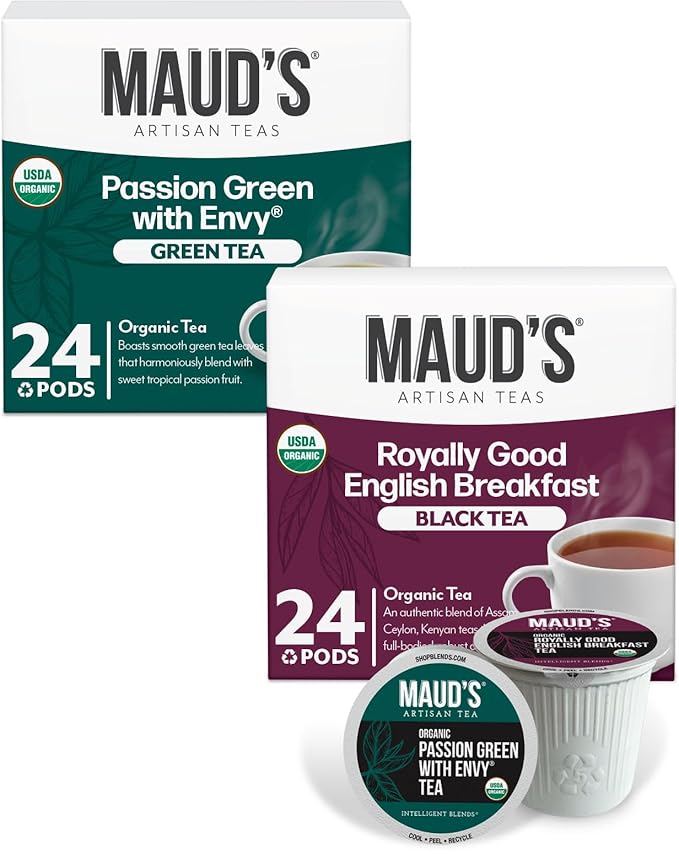 Maud's Organic Passion Green Tea &amp Organic English Breakfast Black Tea Bundle 48 ct Single Serve Pods – 100% Gourmet Blended Tea Leaves Compatible with Keurig K Cups Maker