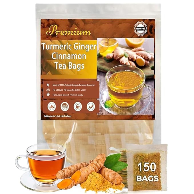 Premium Turmeric Ginger Cinnamon Tea Bags Organic Turmeric Ginger Herbal Tea 150 TeaBags 100% Natural Hand-made Blend No Sugar No Caffeine No Gluten Vegan