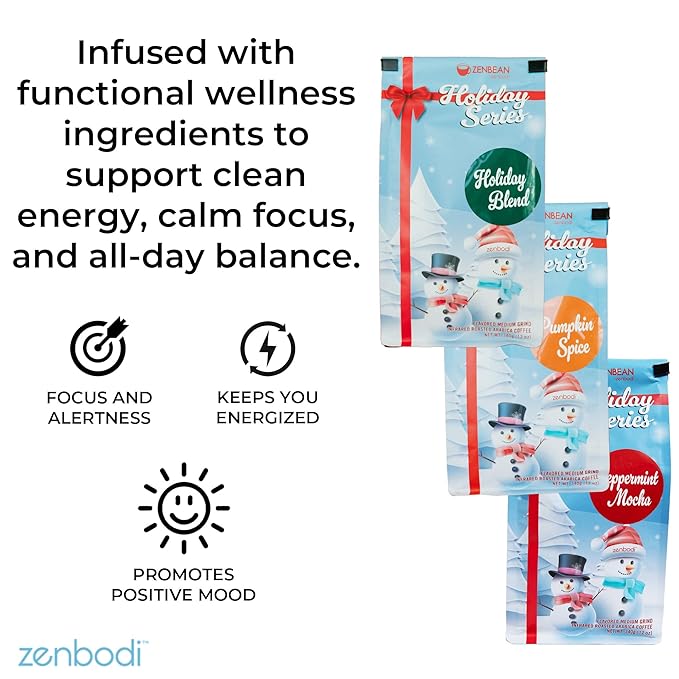 ZENBEAN Holiday Series Flavored Coffee Bundle - Pumpkin Spice Holiday Blend and Peppermint Mocha - Medium Grind Infrared Roasted Arabica Coffee Low Acid with Rhodiola Rosea and L-Theanine