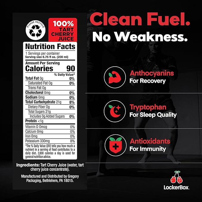 LockerBox PUNCH 100% Tart Cherry Juice Box (40 Pack) 6.75 oz | Organic Workout Recovery Drink | Natural Sleep Support | Sugar Free Zero Caffeine | Grab-and-Go Juice Boxes for Athletes &amp Teams