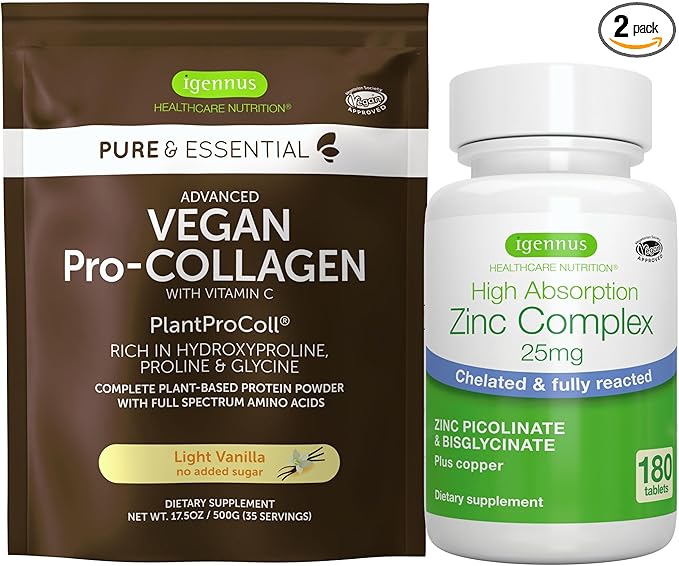 Vegan Vanilla Collagen Protein Powder + Zinc Complex Vegan Bundle for Skin Hair &amp Nails. Complete Collagen Boosting Formula + 25mg Chelated Zinc by Igennus