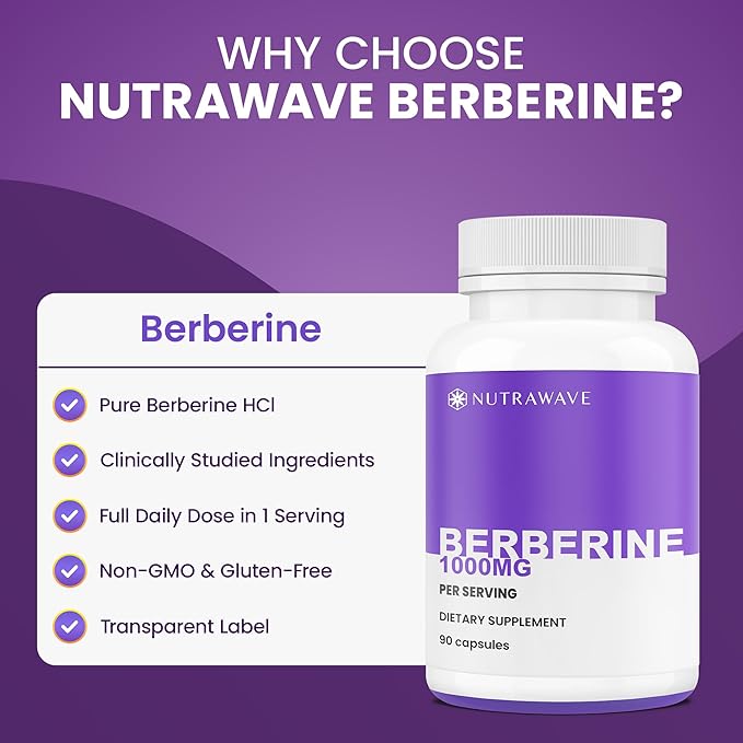 Nutrawave Pure Berberine Maximum Potency - 1000mg Per Serving - 2 Capsules 500mg Each - Supports Blood Sugar Levels Healthy Lipid (Fat) and Glucose Metabolism - Non-GMO Vegan - 2 Pack