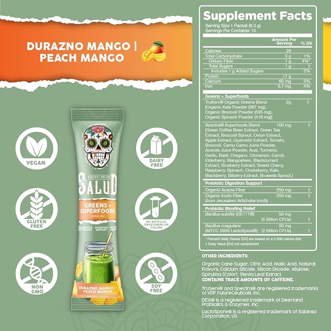Salud 2-in-1 Greens Powder + Superfood Drink Mix Packets 20+ Fruits and Veggies Probiotics Prebiotics Supports Digestive Health Bloating Relief Vegan Peach Mango (15 Servings)