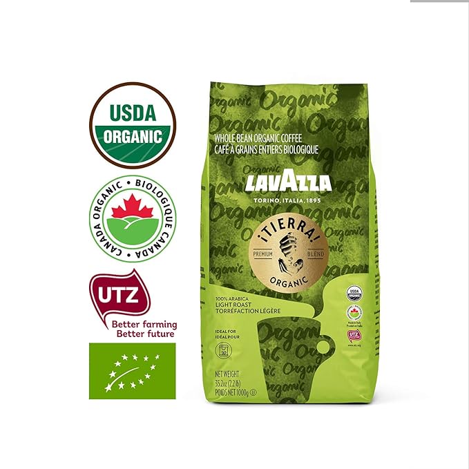 Lavazza ¡Tierra Organic for Planet Whole Bean Coffee Light Roast 100% Arabica 2.2 lb Bag (Pack of 6)