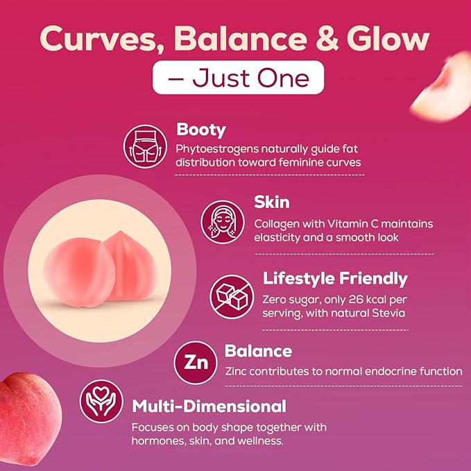 Booty Gummies for Women - BBL Gummies with Bovine Collagen Peptides - Herbal Blend with Aguaje Fenugreek Kwao Krua Wild Yam Blessed Thistle Vitamin C &amp Zinc - Delicious Peach Flavor