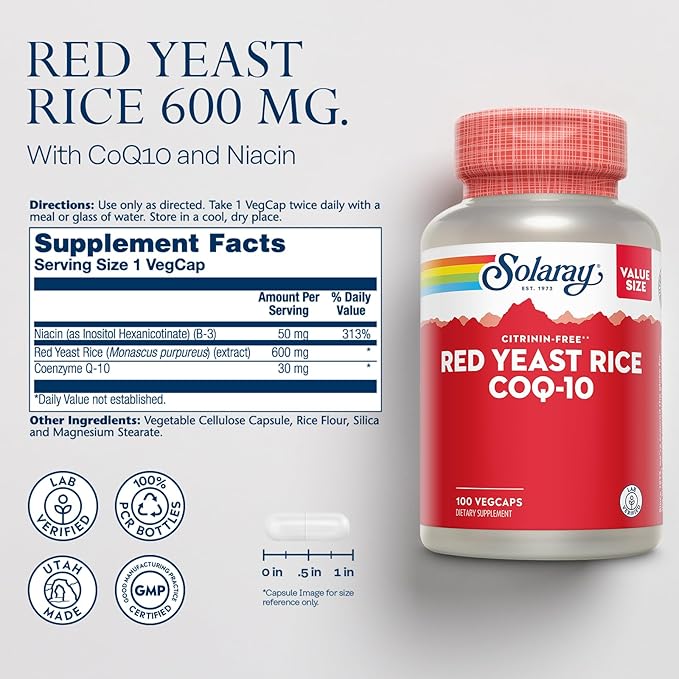 SOLARAY Red Yeast Rice Plus CoQ-10 &amp No-Flush Niacin Vitamin B-3 Healthy Heart &amp Cardiovascular Support Non-Irradiated &amp Citrinin Free 60 Day Money Back Guarantee 100 Servings 100 Veg