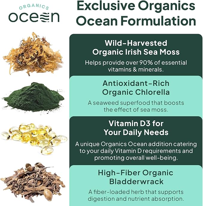 Organics Ocean Wild Sea Moss Capsules - 100% Organic Irish Sea Moss with Organic Chlorella Bladderwrack and Vitamin D for Energy Lung Health and Thyroid Support for Women and Men - 3 Bottles