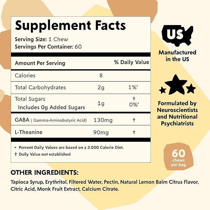 PYM Citrus Mood Chews Support for Stress Worry &amp Overwhelm 60 Count | 130mg GABA 90mg L-Theanine | VeganNon-GMO Gluten-FreeNo Added Sugar | All-Natural Mood Balance Supplement in Resealable