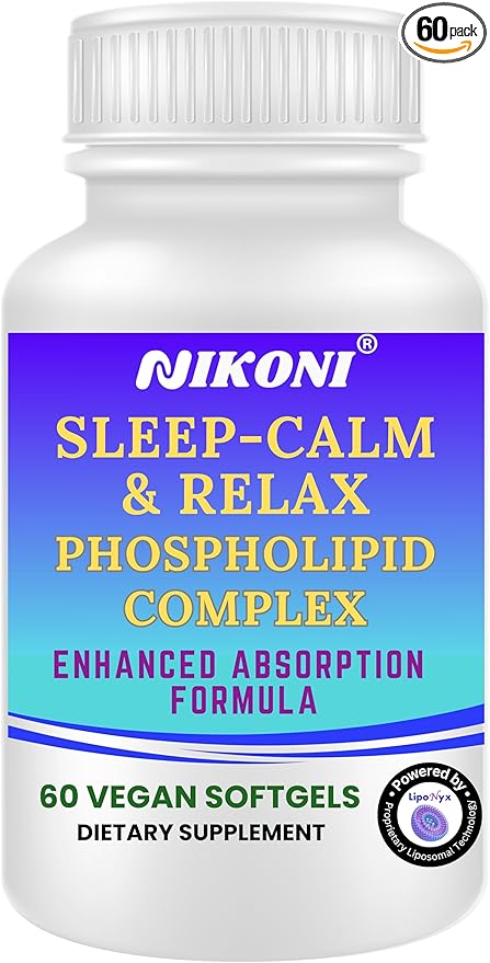 Nikoni Sleep‑Calm‑Relax – Phospholipid Complex with Melatonin L‑Theanine 5‑HTP &amp Herbal Extracts-60 Vegan Softgels