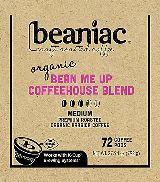 beaniac Organic Bean Me Up Coffeehouse Blend Medium Roast Single Serve Compostable K Cup Coffee Pods Organic Arabica Coffee Keurig Brewer Compatible 72 Count