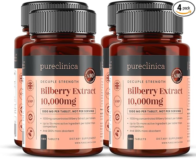 pureclinica Bilberry Extract 10000mg x 720 Tablets (4 Bottles) - 10 X More anthocyanidins per Tablet Than Most Others