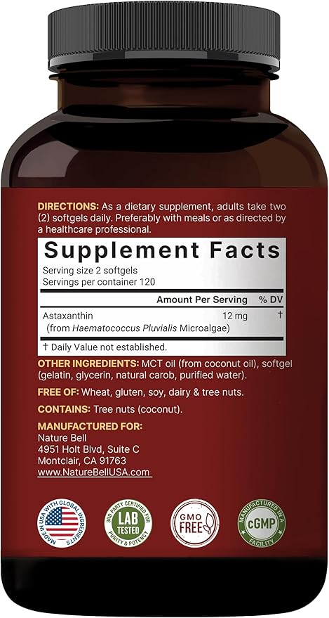 NatureBell Maximum Strength Astaxanthin 12mg 240 Softgels - 4 Month Supply - Natural Antioxidant from Haematococcus Pluvialis Microalgae | Non-GMO Gluten Free