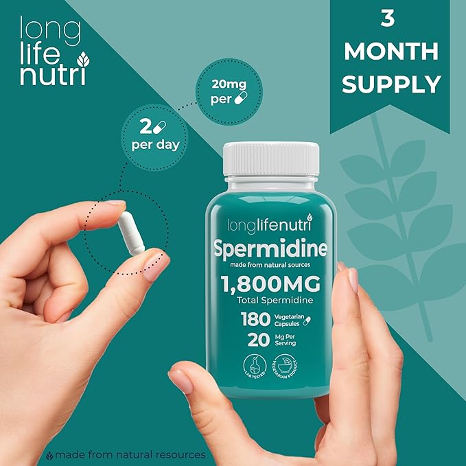 LongLifeNutri Spermidine 20mg Supports Cellular Health &amp Brain Function - 180 Count 2 Serving Size Vegan Capsules Wheat Germ Extract Naturally Support Wellness Lab Tested Crafted in USA