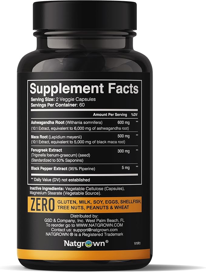 Natgrown Ashwagandha Maca Root Fenugreek Extract Capsules Supplement for Men &amp Women - Vegan Pills - (120 Count)
