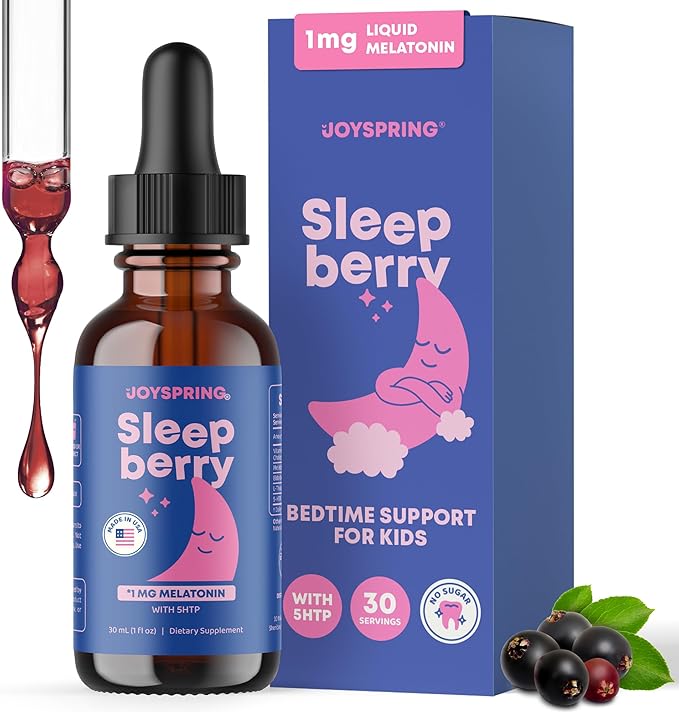 JoySpring Melatonin 1MG for Kids | 5HTP &amp L-Theanine – Sugar-Free Liquid Melatonin for Kids &amp Teens – Child-Friendly Sleep Supplement (1 fl oz)
