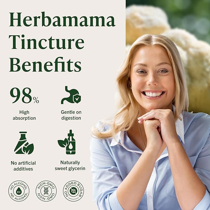 HERBAMAMA Lions Mane Tincture - Vegan Focus &amp Nerve Support with Lion's Mane Mushroom Extract - Hericium Erinaceus Brain Support Supplement - Non-GMO Alcohol &amp Sugar-Free - 84-Day Supply