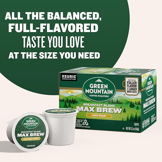 Green Mountain Coffee Roasters Breakfast Blend Max Brew Single Serve Keurig K-Cup Pods Light Roast Coffee 60-Count Box (6 Packs of 10)