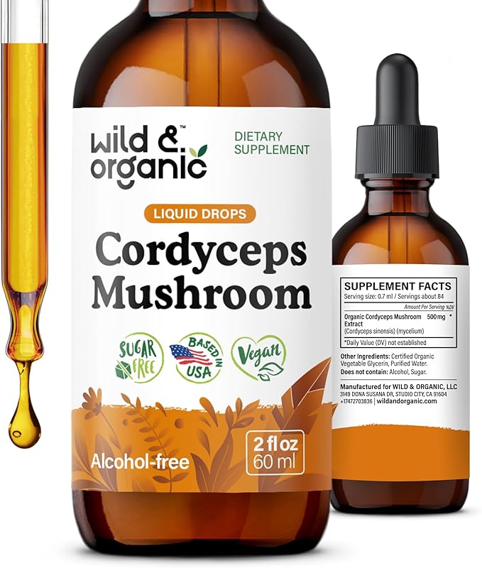 Wild &amp Organic Cordyceps Mushroom Tincture - Cordyceps Extract Supplement for Energy &amp Immune Support - Liquid Sinensis Mushroom Drops - Vegan Sugar &amp Alcohol-Free - 2 fl oz