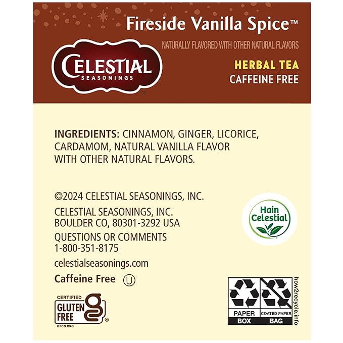 Celestial Seasonings Herbal Tea Fireside Vanilla Spice Caffeine Free 20 Tea Bags (Pack of 6)