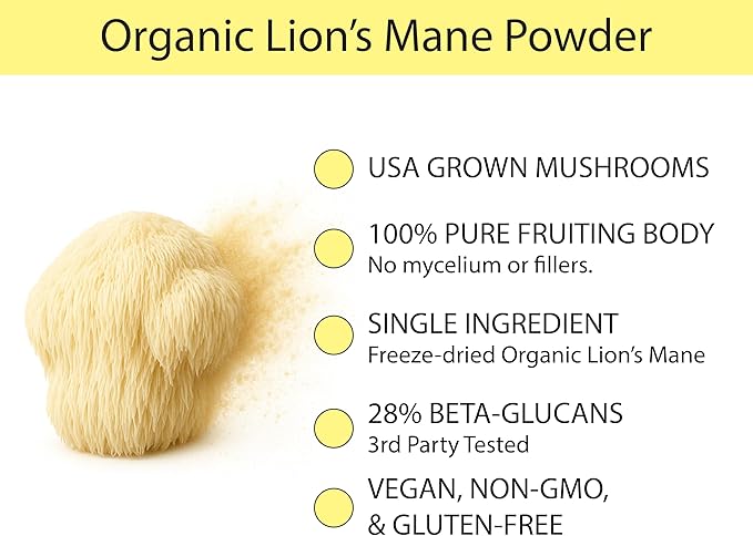 KOYAH - Organic Lion's Mane Mushroom Powder - 80 Servings - We Strive to Make The Least Processed Lion's Mane Powder On Earth. 100% Fruiting Body USA Freeze-Dried 3rd Party Tested for Beta-Glucans