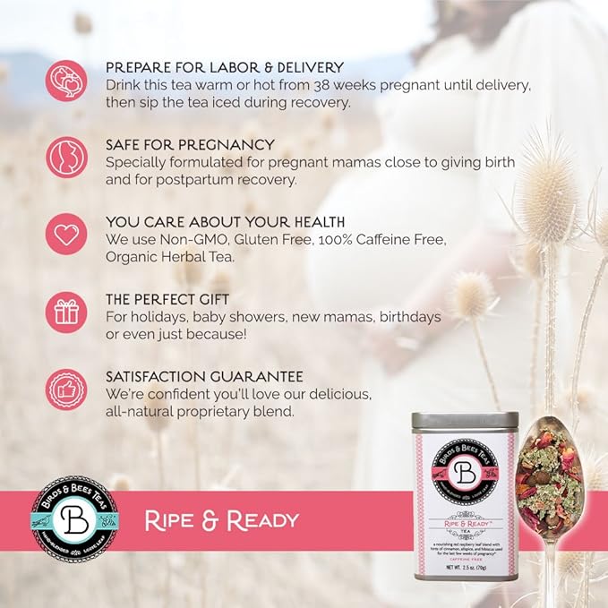 Birds &amp Bees Teas - Red Raspberry Leaf Tea Pregnancy Ripe &amp Ready Organic Third Trimester Tea to Prepare Your Body for Labor and Birth - 30 Servings 3.5 oz