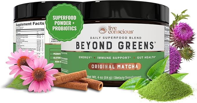 Live Conscious Beyond Greens Superfood Powder - Delicious Debloating Super Greens Powder - Matcha Greens Blend w/Chlorella Echinacea Probiotics for Immune Support &amp Energy