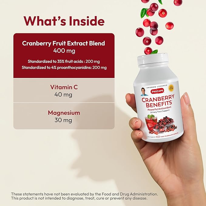 ANDREW LESSMAN Cranberry Benefits - 180 Capsules - Supports Bladder Kidney and Urinary Tract Health. High Potency Standardized Extracts of Cranberry Fruit Small Easy to Swallow Capsules